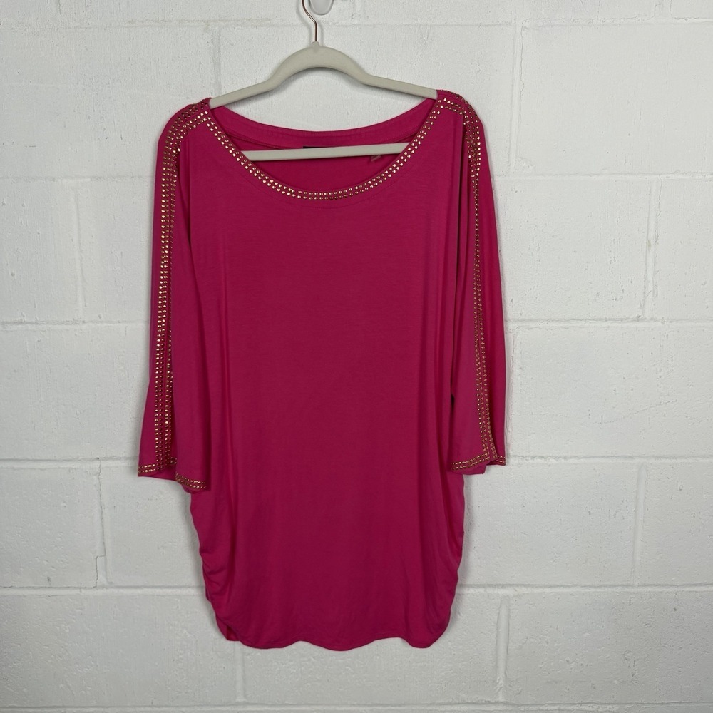 Tahari‎ Tunic Plus Size 1X Relaxed Pink Ruched Dolman Sleeves Embellished Party